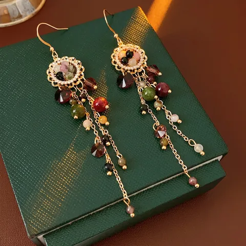 Vintage Flower Tassel Drop Earrings Copper Zircon Colorful Beads With Silver Earring Post For Women Bohemian Style