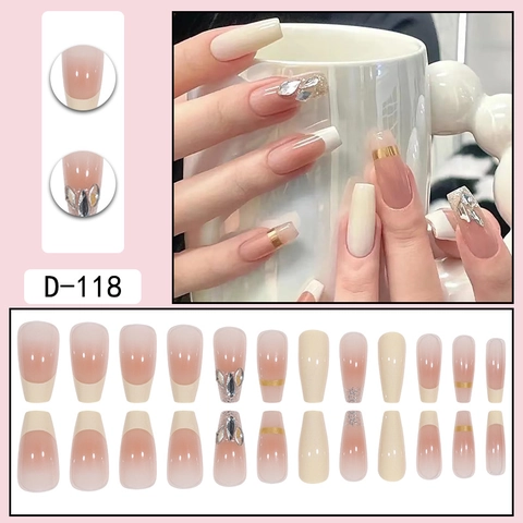 Lange Sarg Aufdrucknägel Milchig Weiß Nackt Rosa Französisch Farbverlauf Goldene Linien Luxus Strass Falsche Nägel Für Frauen