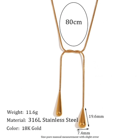 Stainless Steel 18K Gold Plated Water Drop Pendant Long Snake Chain Necklace For Women Minimalist Fashion Personalized Y-Shaped Versatile Jewelry Accessory