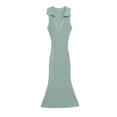 Dames Gebreide Maxi Jurk V-Hals Reverskraag Mouwloos Slim Fit Geribbelte Effen Kleur Saliegroen Elegant Casual