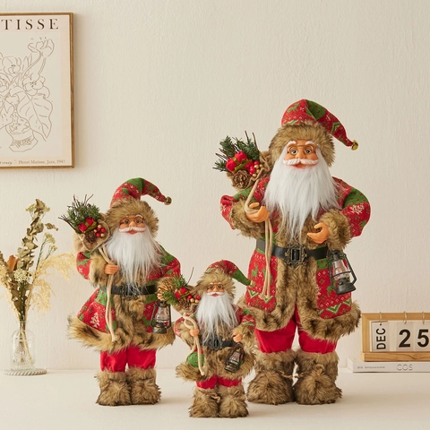 Bambola Babbo Natale Decorativa Tessuto A Maglia Pelliccia Sintetica In Piedi Con Lanterna Sacco Regalo Decorazione Natale Stile Retrò