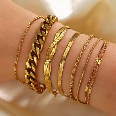 Stainless Steel Bracelet For Women 18K Gold Plated Cuban Link Snake Chain Herringbone Rope Stackable Minimalist Jewelry