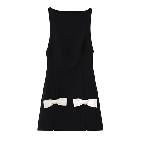 Vestito Mini Senza Maniche Poliestere Contrasto Fiocco Bianco Arredamento Cerniera Posteriore Linea A Elegante Sexy Donne