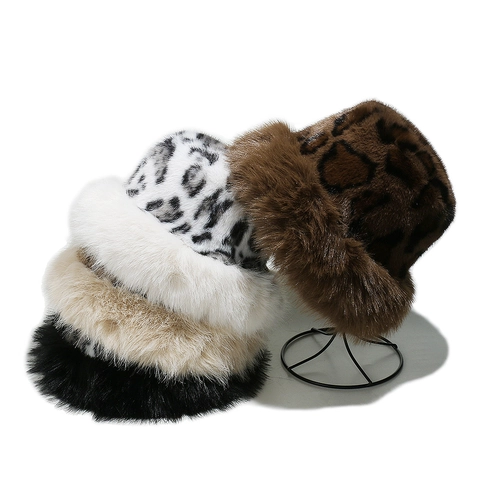 Damen Winter Warm Nerzimitat Pelz Anglerhut Bedrucktes Leopardenmuster Plüsch Faux Fur Fischerhut Winddichte Outdoor Kappe