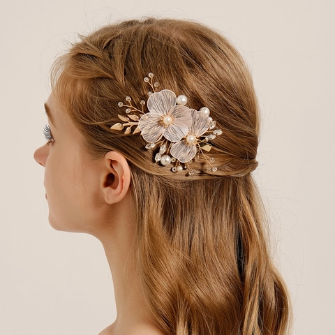 Fermaglio per Capelli da Sposa Fatto a Mano in Lega Oro Fiore Cavo Con Perla Artificiale Strass Elegante Matrimonio Festa Donna Accessori