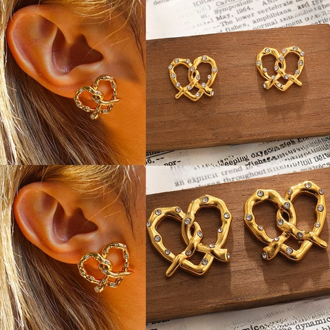 Luxury Stainless Steel 18K Gold Plated Heart Knot Stud Earrings Rhinestone French Style Women Jewelry Fashion Gift