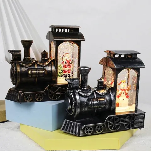 Lanterne De Train Rétro De Noël Boule À Neige Avec Lumière LED Eau Brillante Tourbillonnante Père Noël Bonhomme De Neige Décoration De Table