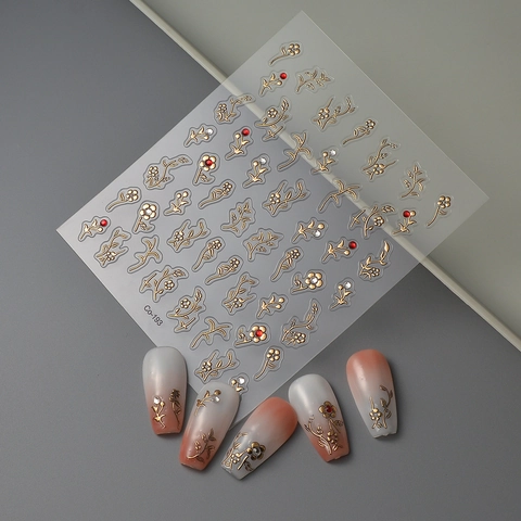 Stickers Ongles Relief 5D Dorure Fleurs Papillons Lune Étoile Strass Décorations Métallique Imperméable DIY