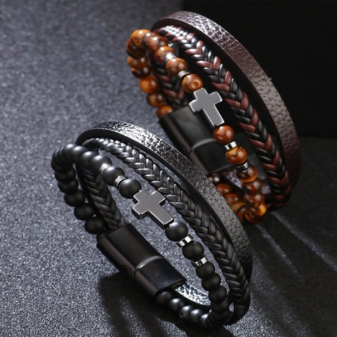 Bracciale Multistrato Uomo Vera Pelle Di Mucca Pietra Occhio Di Tigre Ciondolo A Croce Acciaio Inossidabile Punk