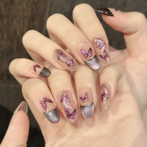 Purple Cat Eye Press On Nails Handmade Butterfly French Gradient Blush Sweet Cool Style Artificial Fake Nails For Women