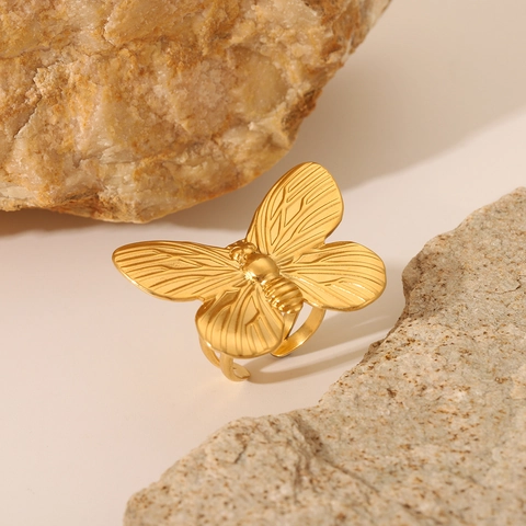 Anillo De Mariposa De Acero Inoxidable Chapado En Oro Abierto Ajustable Estilo Vintage Francés Para Mujer