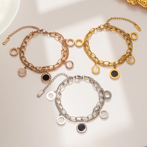 Titanium Steel Double Layer Bracelet For Women Rose Gold Gold Silver Roman Numeral Round Pendant Shell Fashion Jewelry