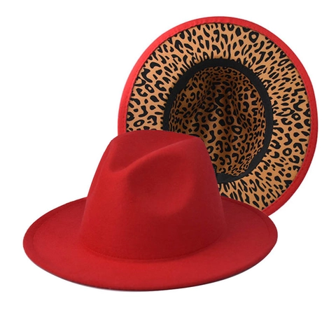 Cappello Fedora A Tesa Larga Misto Cotone Poliestere Tinta Unita Fodera Con Stampa Leopardata Berretto Jazz Moda Unisex