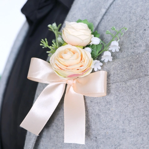 Wedding Boutonniere And Wrist Corsage Satin Rose Faux Artificial Pearl Elegant Groom Bride Accessory Celebration