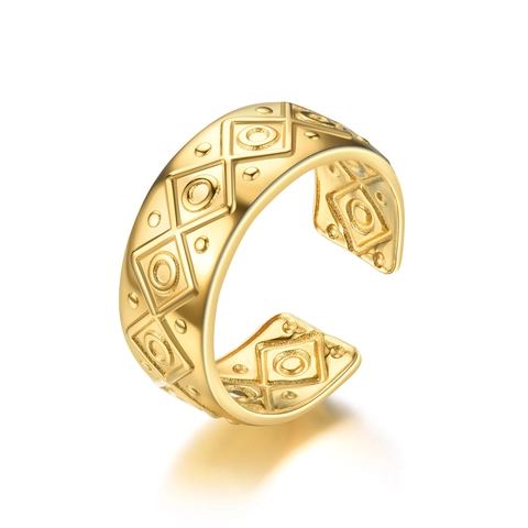 Vintage Gold Plated Metal Open Adjustable Rings Women Geometric Hollow Feather Wave Sunburst Cross Fashion Jewelry Gift