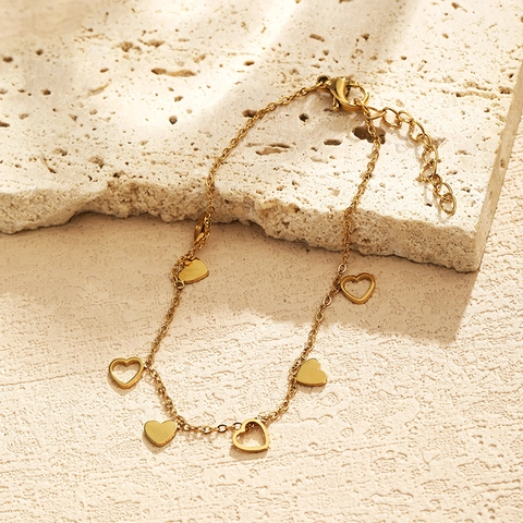 Heart Pendant Bracelet 18K Gold Plated Stainless Steel Hollow And Solid Charms Adjustable Fashion Jewelry For Women