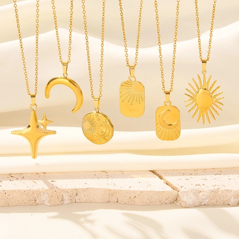 Edelstahl Sonne Mond Stern Anhänger Halskette 18K Vergoldet Retro Himmlischer Boho Schmuck Für Damen