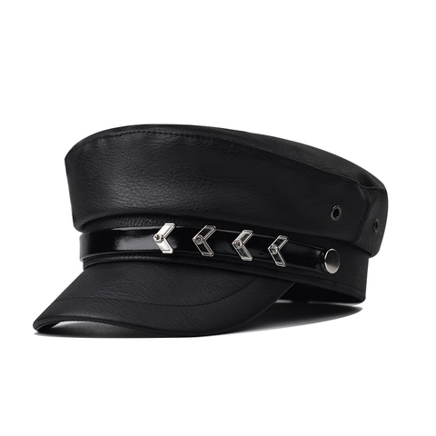 Cappello Militare Nero In Pelle PU Da Donna Berretto Da Marinaio A Cima Piatta Con Rivetti A Freccia Argento Vintage