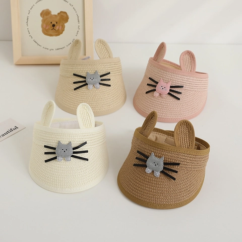 Visera De Paja Para Niños Sombrero Sol Verano Dibujos Animados Orejas Gato Transpirable Gorra Playa