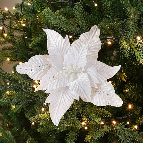 Artificial Christmas Poinsettia Flowers Glitter Flocked Flower With Stem For Tree Decoration Holiday Party Decor