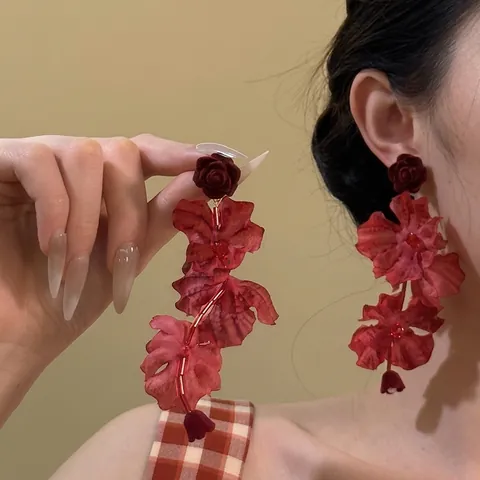 Blumen-Ohrhänger Mit 925 Sterling Silber Ohrstecker Stoffblüten Glasperlen Boho Urlaubsstil Für Frauen