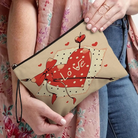 Make Up Tas Met Hartprint Linnen Cosmetische Tas Met Rits En Polsband Draagbare Reis Organizer Liefde Thema