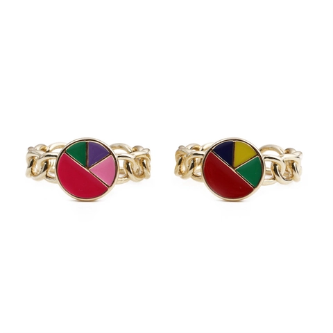 Anello Aperto Regolabile Rame Placcato Oro Tondo Smalto Geometrico Maglia Di Catena Vintage Colorato Per Donna
