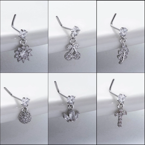 Stainless Steel L Shaped Nose Stud With Zircon Dangle Pendant Fashion Body Piercing Jewelry For Women