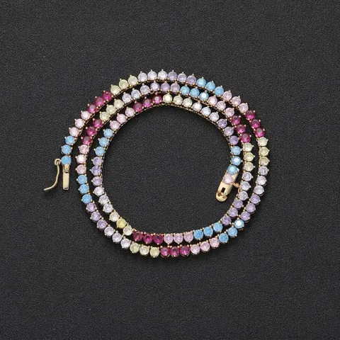 Tennis Chain Necklace Copper Gold Plated Colorful Cubic Zirconia Micro Pave Hip Hop Iced Out Rainbow Gradient Jewelry