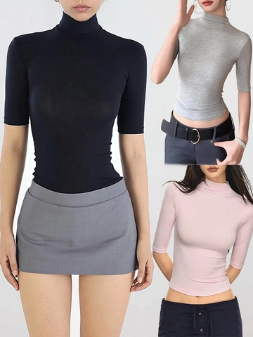 Women Slim Fit T-Shirt Tencel Lyocell Spandex Mock Neck Half Sleeve Soft Retro Base Layer Top Solid Color