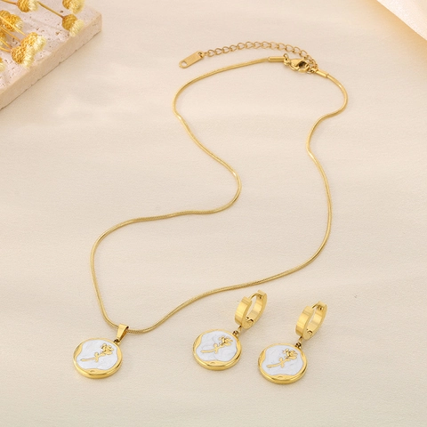 Bijoux en Acier Inoxydable de Mode pour Femmes Collier Pendentif Papillon Rose Fleur Boucles d'Oreilles Strass Émail Rond