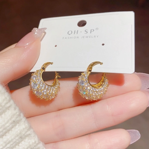 Huggie Hoop Oorbellen Koper 14K Verguld Micro Pave Zirconia Tasvorm Glinsterende Mode Sieraden Voor Dames