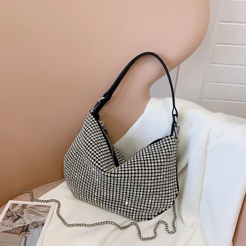 Full Rhinestone Underarm Bag Women Shiny PU Leather Hobo Shoulder Handbag Metal Chain Fashion Party Trendy