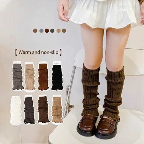Girls Knitted Leg Warmers Acrylic Ribbed Slouch Socks Lettuce Trim Autumn Winter Solid Color Kids School Style