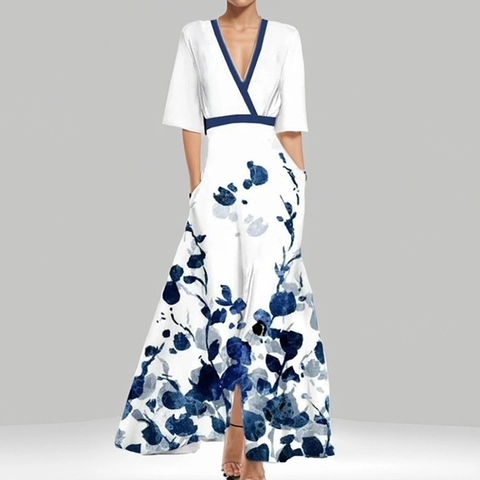 Elegant Women V Neck Floral Print Maxi Dress High Waist Large Swing Three Quarter Sleeve Spring Bohemian Long Party Dress