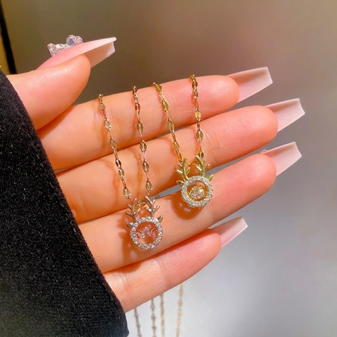 Collana Con Ciondolo A Corna Di Cervo Acciaio Al Titanio Zircone Danzante Gioielli Minimalisti Eleganti