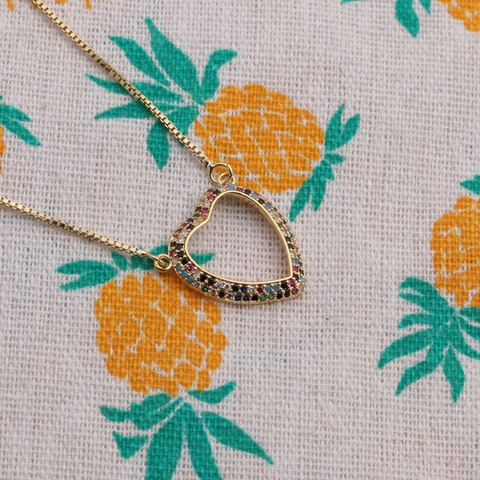 Heart Pendant Necklace Colorful Rainbow Multi Color Zircon Open Heart Copper Gold Plated Box Chain For Women