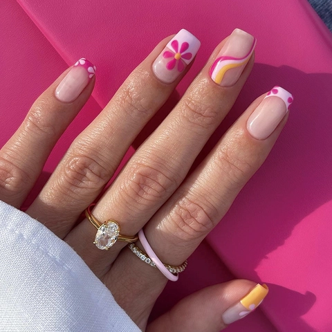 Unghie Finte A Pressione Design Fiori Onde French Tip Forma Quadrata Rotonda Resina Plastica Colorata