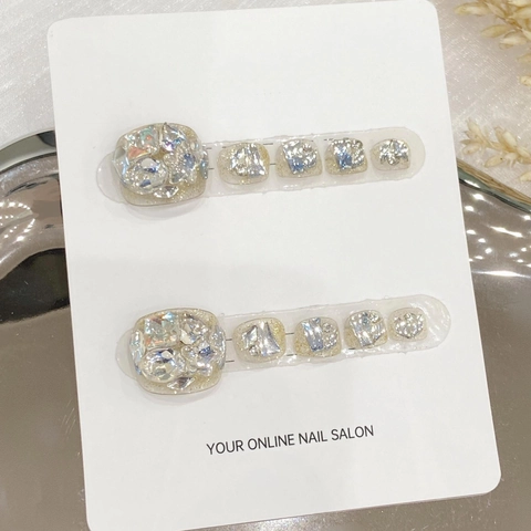 Handmade Toenail Press On Nails Glitter Rhinestone Luxury Shiny Blue Silver Artificial False Nails For Women