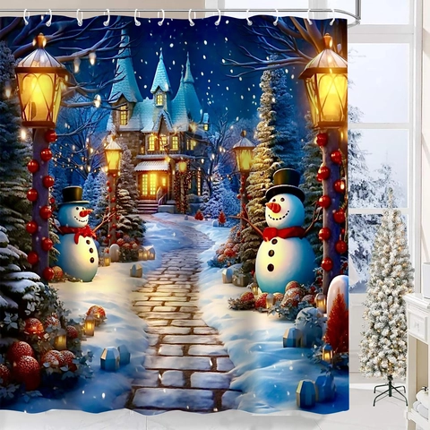 Tenda Da Doccia Natale Pupazzo Di Neve Paesaggio Invernale Impermeabile Poliestere Decorazione Bagno Con Ganci