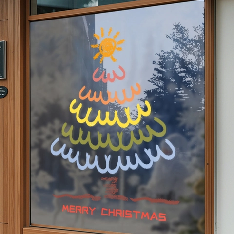 Christmas Window Clings PVC Static Sticker Double Sided Colorful Hand Drawn Tree Glass Door Holiday Decoration