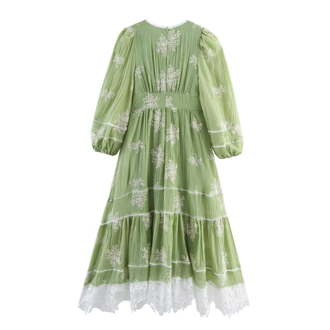 Französischer Stil Maxi Kleid V Ausschnitt Lange Laternenärmel Stickerei Und Spitze Elegant Böhmisch Hohe Taille