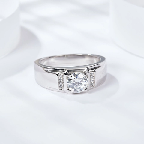 Moissanite Ring S925 Sterling Silver 18K White Gold Plated Round Cut Wedding Engagement For Men