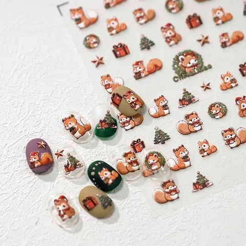 Christmas Nail Art Stickers 5D Embossed Cartoon Squirrel Tree Gift Design Adhesive DIY Manicure Accessories For Women
