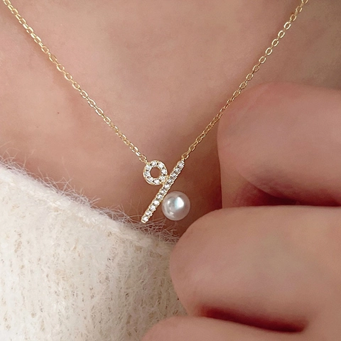 Collana con Ciondolo a Simbolo di Percentuale in Argento Sterling 925 Per Donna Perla d'Acqua Dolce Strass Intarsiato