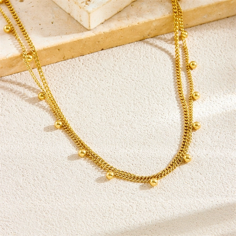 Double Layer Bead Chain Necklace Stainless Steel Gold Plated Minimalist Versatile Fashion Jewelry Gift For Women Girls