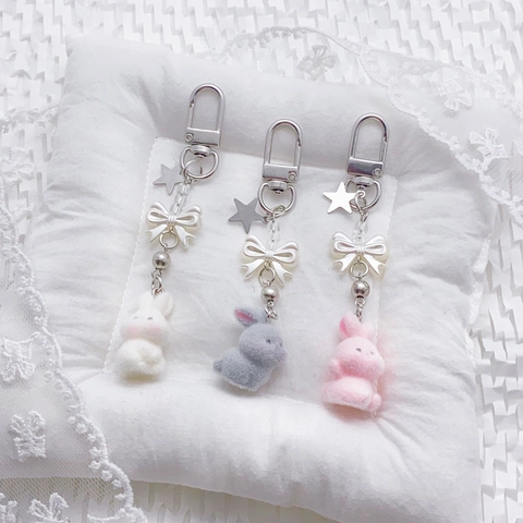 Llavero De Conejo Flocado Lindo Colgante De Bolsa De Conejito Kawaii Con Estrella De Metal Y Lazo De Perlas Artificiales Accesorio Estilo Dulce