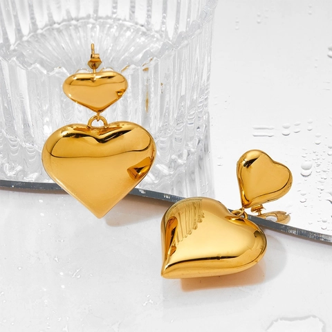 Pendientes Colgantes De Doble Corazón De Acero Inoxidable Pulido De Moda Para Mujeres