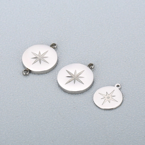 Edelstahl Rund Charm Achtzackiger Stern Muster Graviert Minimalistisch Anhänger Für DIY Schmuckherstellung Zubehör