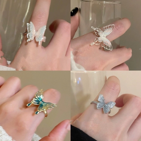 Butterfly Open Adjustable Rings For Women Elegant Alloy Zircon Artificial Pearl Liquid Metal Fairy Jewelry